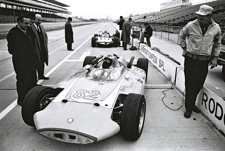 Dave MacDonald at the brickyard in 1963 tire testing the thompson car